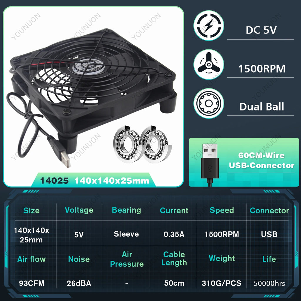 5V USB Router Fan 80mm 92mm 120mm 140mm DIY TV Box Ball/Sleeve Cooler & Protective Net Desktop Cooling Fan