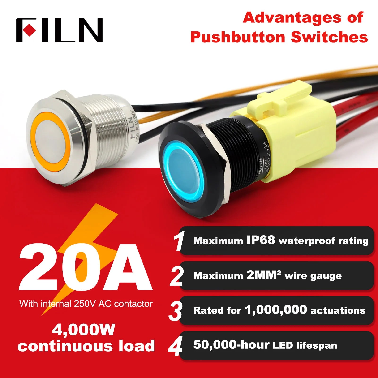 19mm 22mm 20A 12V 24V 110V 220V High Current IP68 Waterproof Flat Ring Round Push Button Switch Metal Stainless Steel 20cm Wire