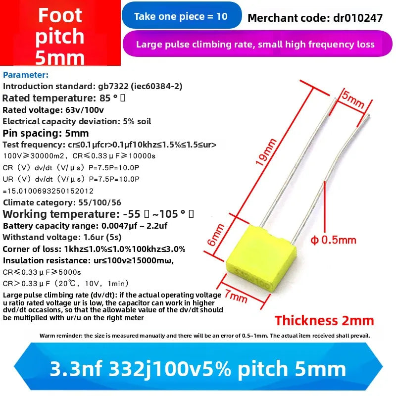 10PCS 100V Correction Capacitor Polypropylene Safety Plastic Film 100V 1nF ~ 470nF 100nf 220nf 10nf 47nf 22nf 1nf 0.47uf 0.1uf