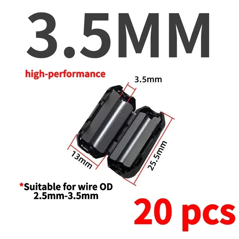 20Pcs 3.5/5/7/9/13/15mm Ring Core Ferrite Bead Clamp Choke Coil EMI RFI Noise Filter Clip Snap Cable for Black Magnetic Snap-on