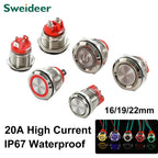 16/19/22mm 20A High Current Metal Push Button Switch IP67 Waterproof LED Light Momentary Latching Car Engine Power Switch Red
