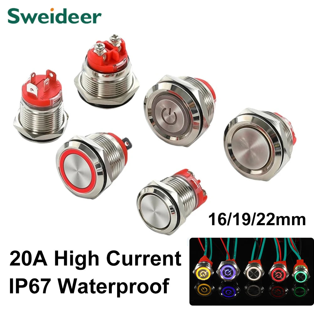 16/19/22mm 20A High Current Metal Push Button Switch IP67 Waterproof LED Light Momentary Latching Car Engine Power Switch Red