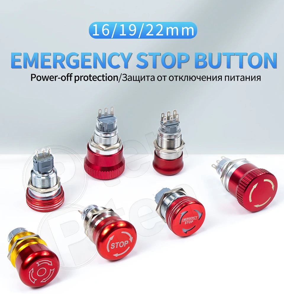 16/19/22mm Metal Emergency Stop Button Switch stainless steel waterproof mushroom head Rotation reset Anti-slip with lights PTEN