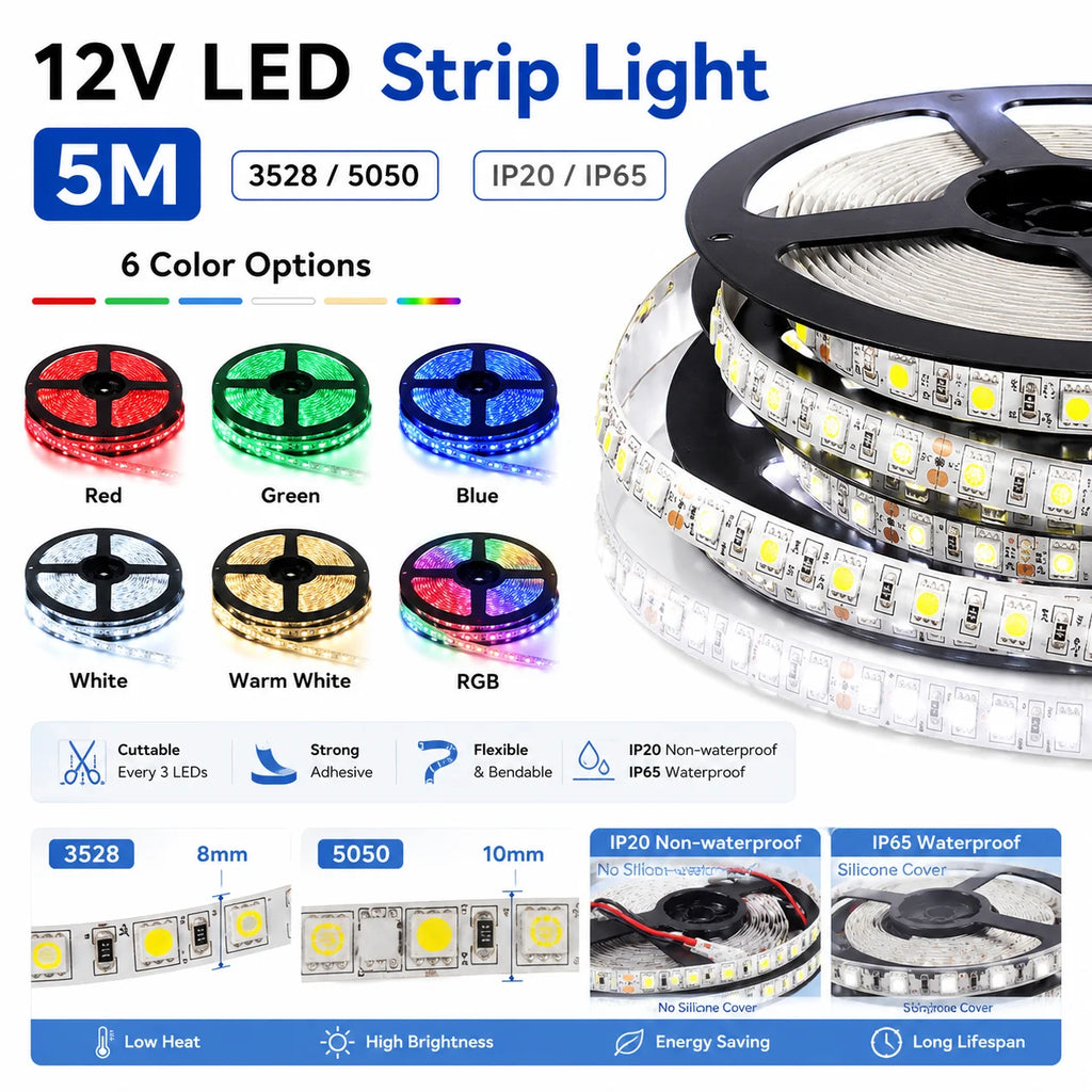 5M 12V LED Strip Light 3528 5050 SMD LED Tape RGB Red Green Blue White Warm White Waterproof Flexible Light for Home Decor