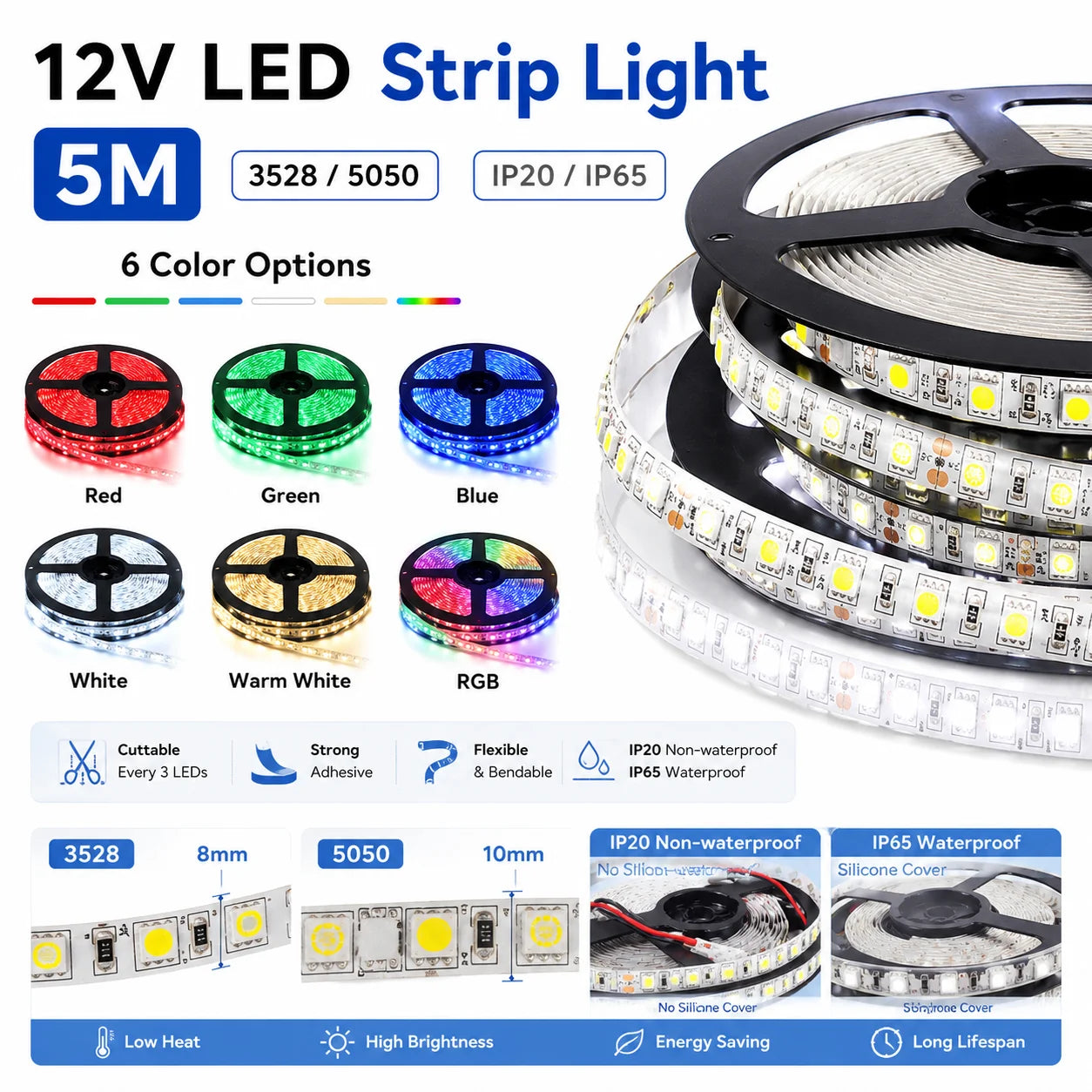 5M 12V LED Strip Light 3528 5050 SMD LED Tape RGB Red Green Blue White Warm White Waterproof Flexible Light for Home Decor