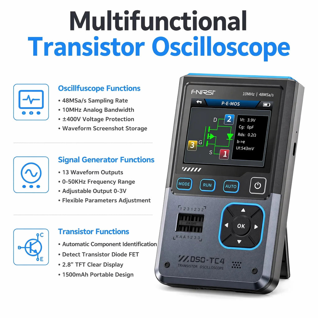 Handheld Oscilloscope Transistor Tester 10MHz 48MSa/s Auto Identification Infrared Decoder DS18B20/DHT11 Zener Diode for Repair