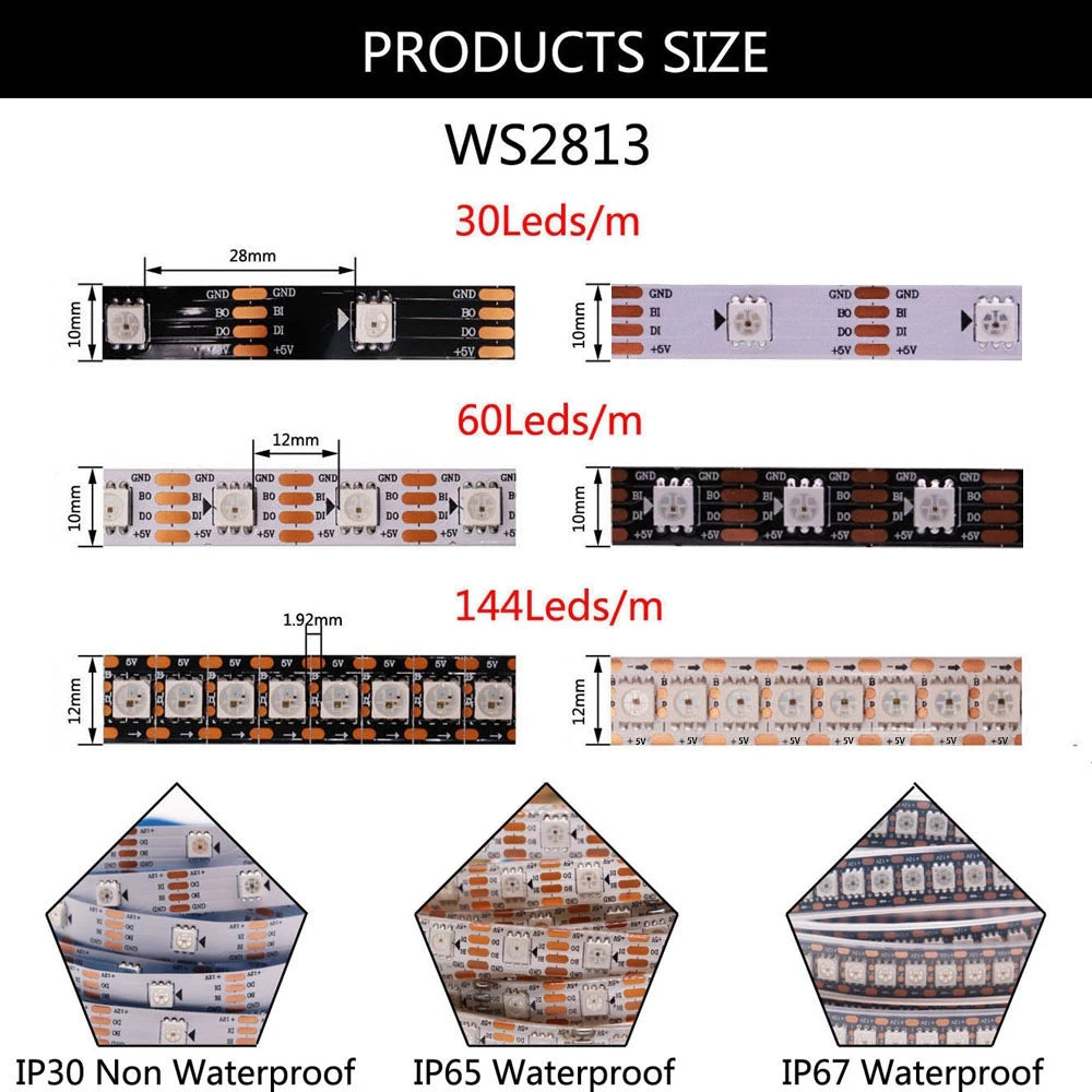 WS2811 WS2812B WS2813 WS2815 30/60/144Pixels/Leds/m 5050 RGBIC Smart LED Strip WS2812 Individually Addressable IC Light DC5V/12V