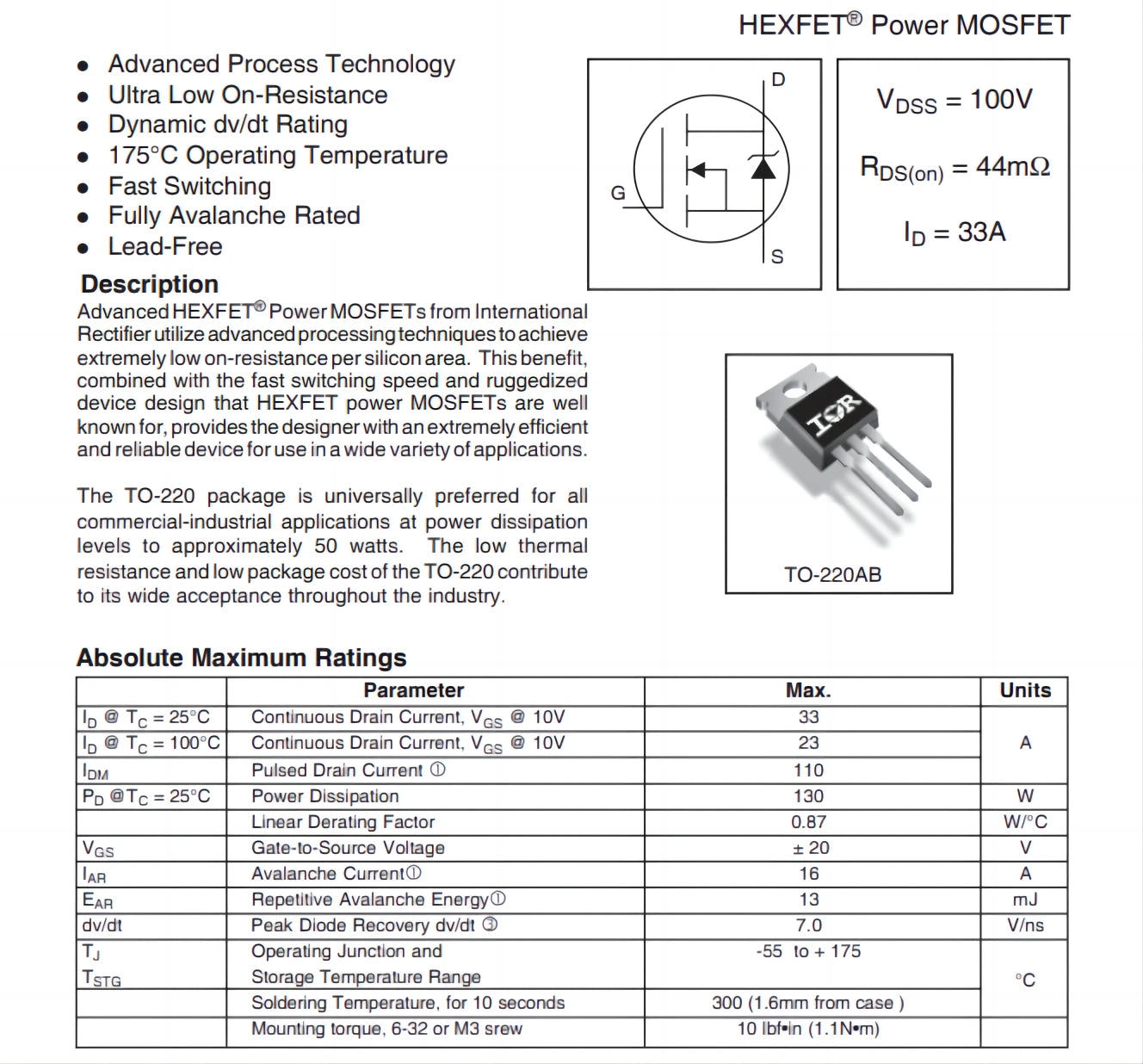 5PCS-100PCS/LOT New and Original IRF540NPBF IRF540N IRF540 TO-220，100V 33A  Power MOSFET