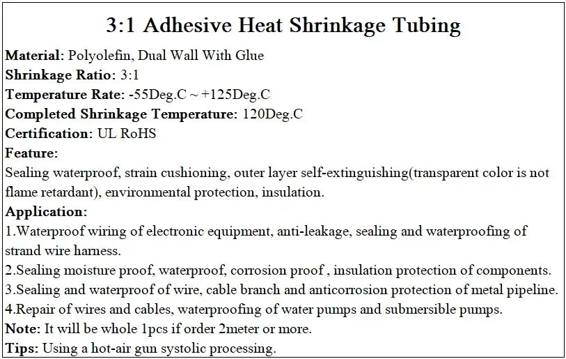 3:1 Heat Shrink Tube With Glue Double Wall 1.6/2.4/3.2/4.8/6.4/7.9/9.5/12.7/15.4/19.1/25.4/30/39/50mm Heat-shrinkable Sheath DIY
