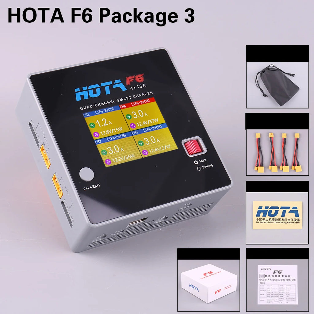 HOTA F6 QUAD-CHANNEL SMART Charger DC1000W 4*15A for Lipo LiIon NiMH Lipo Battery Balance Charger Discharger with USB 45W Type-C