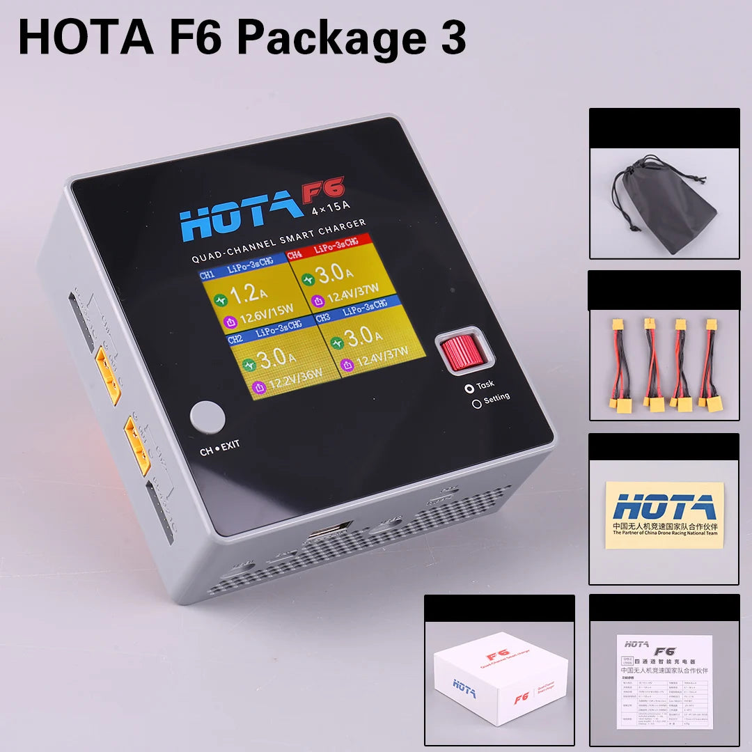 HOTA F6 QUAD-CHANNEL SMART Charger DC1000W 4*15A for Lipo LiIon NiMH Lipo Battery Balance Charger Discharger with USB 45W Type-C