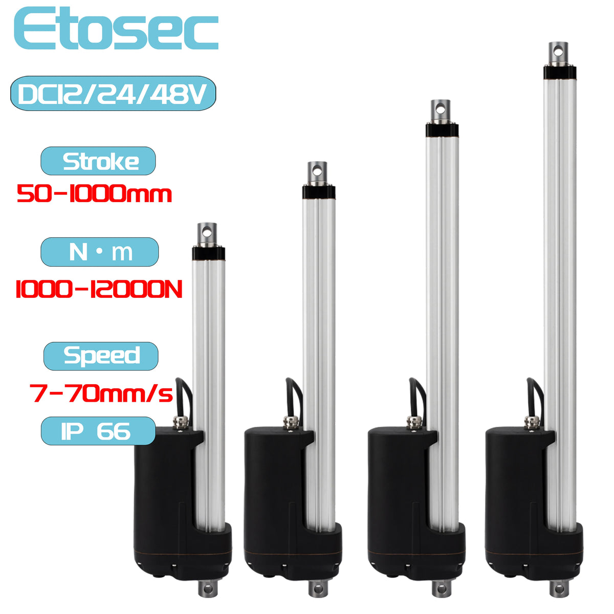 Etosec 12V 2000N  Linear Actuator IP66 230mm  Stroke Upper A-type connector M12, E-type connector at lower end, built-in