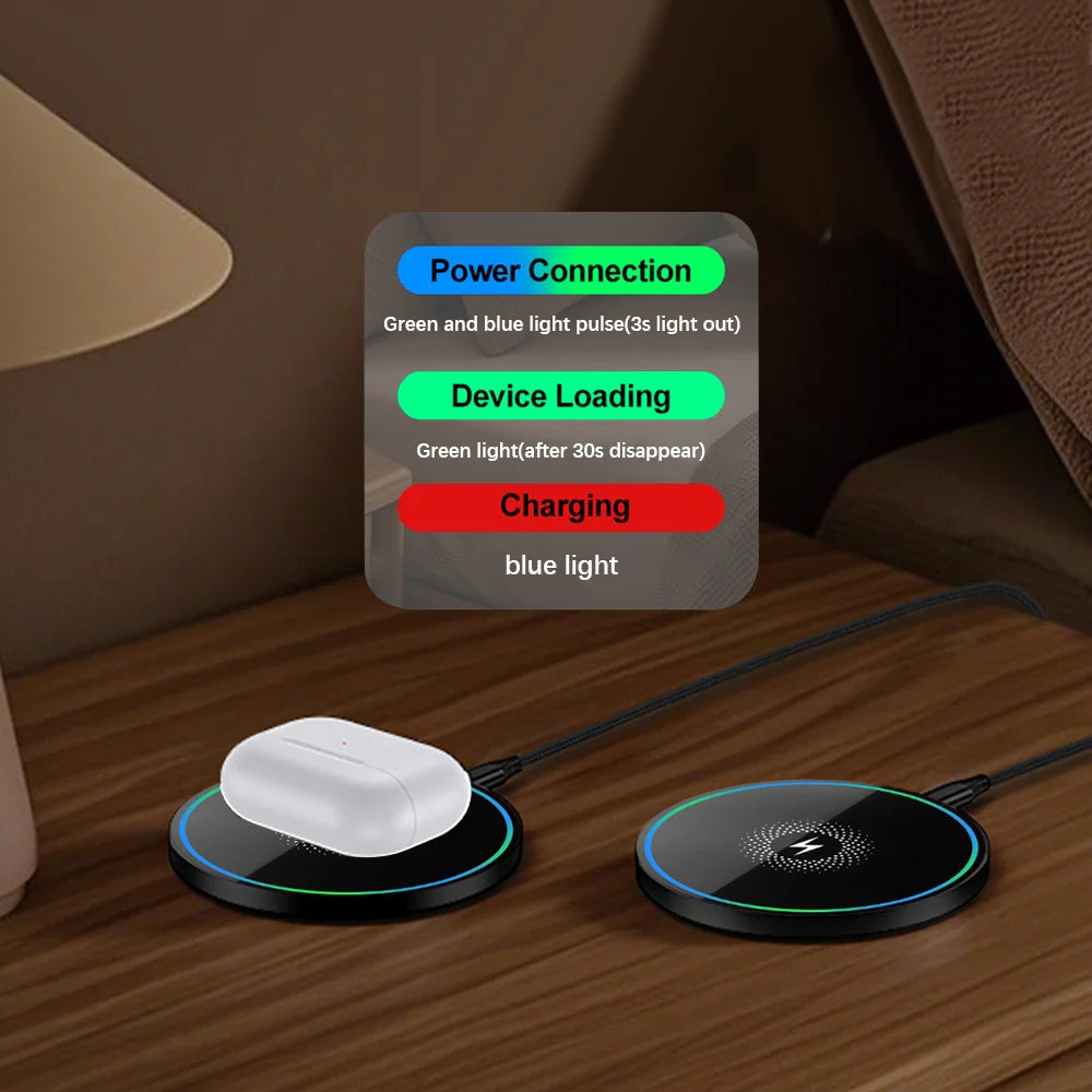15W Wireless Charger Pad, Mirror‑Surface Design, Fast Induction Charging.Compatible with iPhone, Samsung and Apple Earphones.