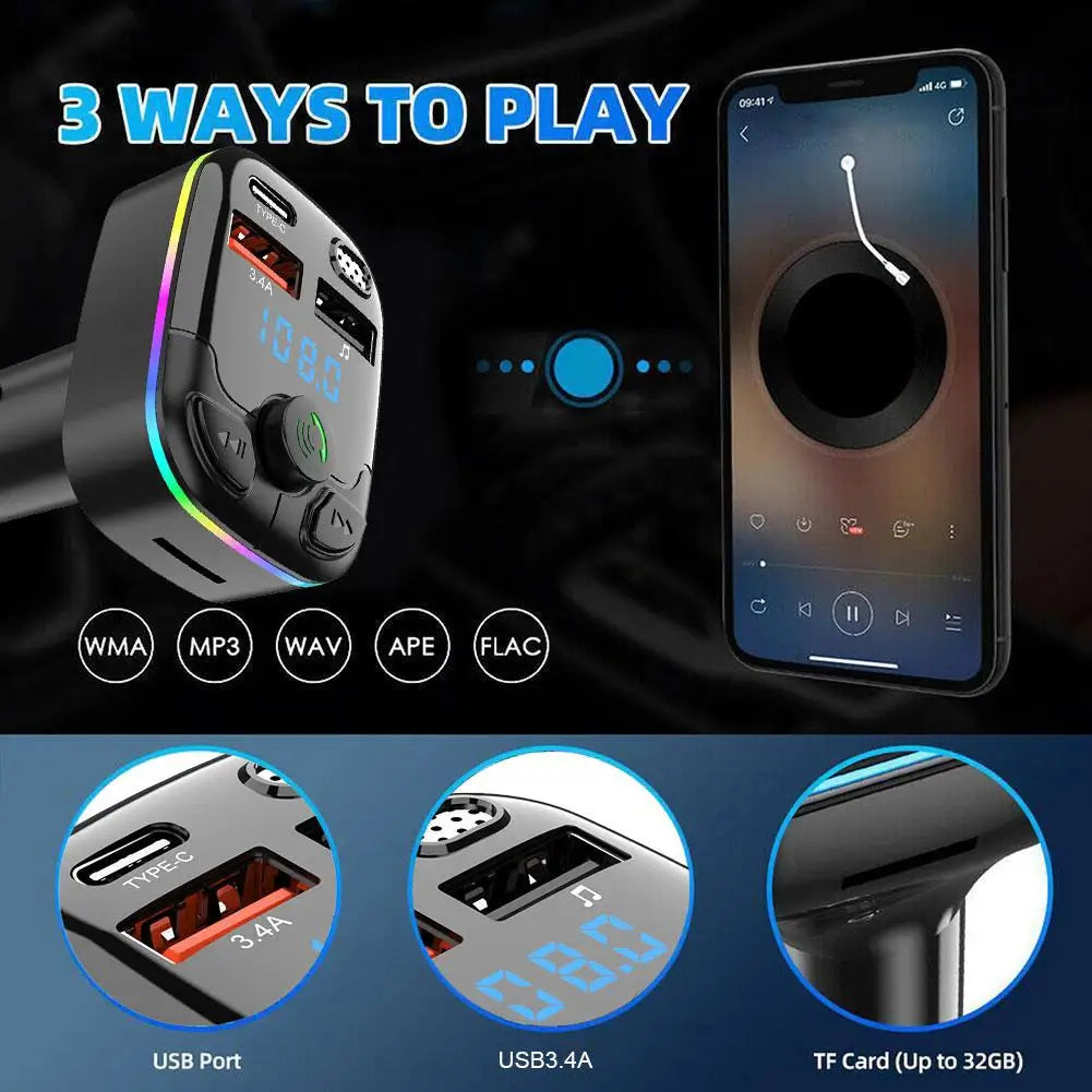 Car Bluetooth 5.0 FM Transmitter Type-C Dual USB Ambient Player Handsfree MP3 Type-C Wireless Light PD QC3.0 Car Charger Adapter