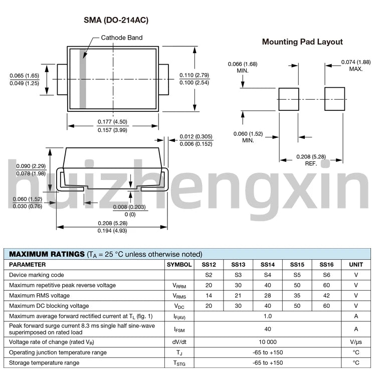 20PCS SS12-E3/61T S2 SS13-E3/61T S3 SS14-E3/61T S4 SS15-E3/61T S5 SS16-E3/61T S6 1A Schottky diode SMA/DO-214AC