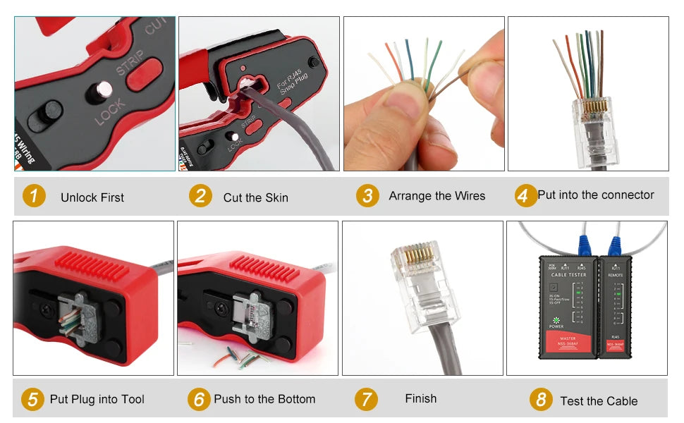 RJ45 crimping tool kit Ethernet crimper and tester for Cat5e Cat6 Cat6a 8P8C modular connectors