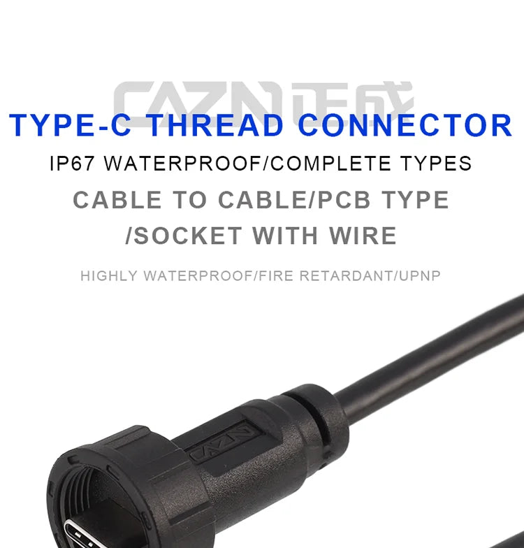 CAZN Waterproof USB C Type-C Cable Male to Male Overmolded Threaded-type Bayonet-type 5.0G 10.0G