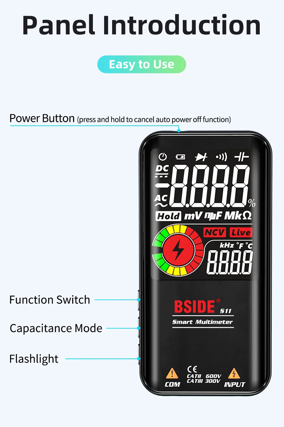 BSIDE Digital Multimeter Smart Electrician Tester USB Charge T-RMS DC AC Voltage Capacitance Ohm Hz NCV Professional Multitester
