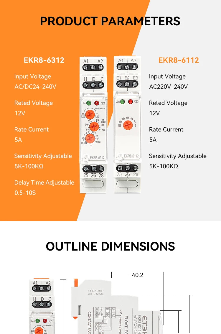 ETEK Floatless Water Level Relay Switch Electronic Liquid Level Controller 5A  AC 220V  SPDT 12V EKR8