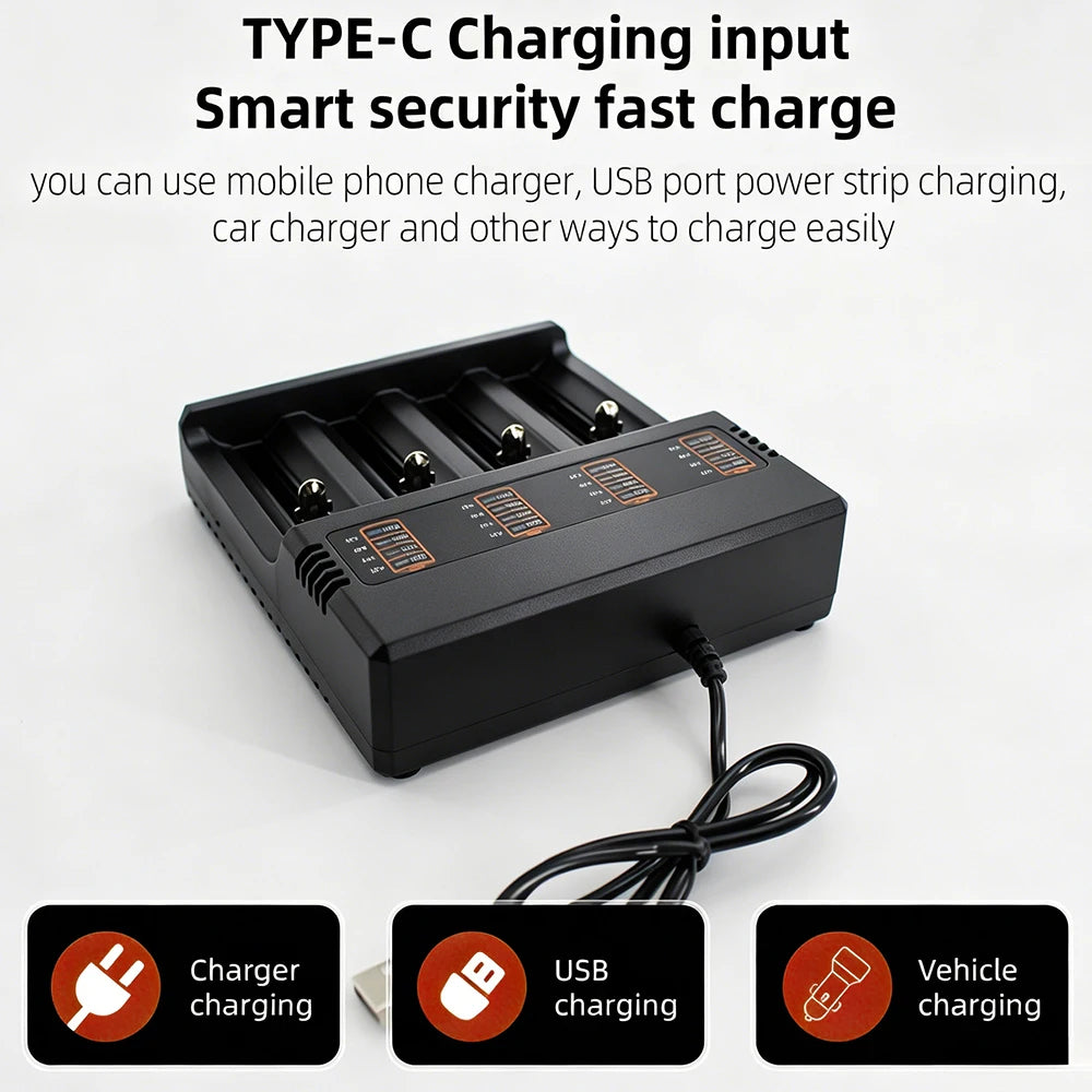 PHOMAX USB Charger 4 Slots Universal Smart Battery Charger Compatible with Multiple Sizes Including 18650 26650 18500 Batteries