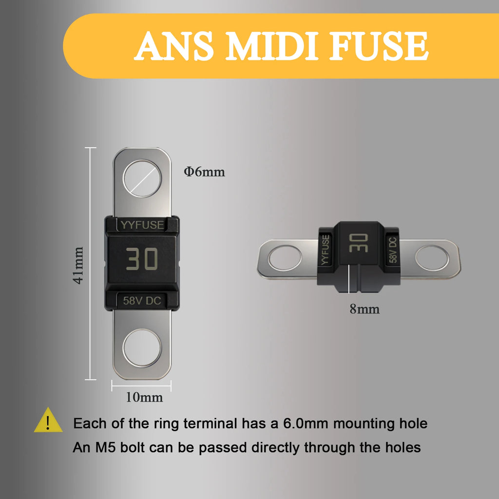 MIDI Fuse 30A-200A 58V Time-Delay High Current ANL Bolt-Down Fuse M5 Stud Mount for Automotive, Marine & RV MIDI AMI Fuse Holder