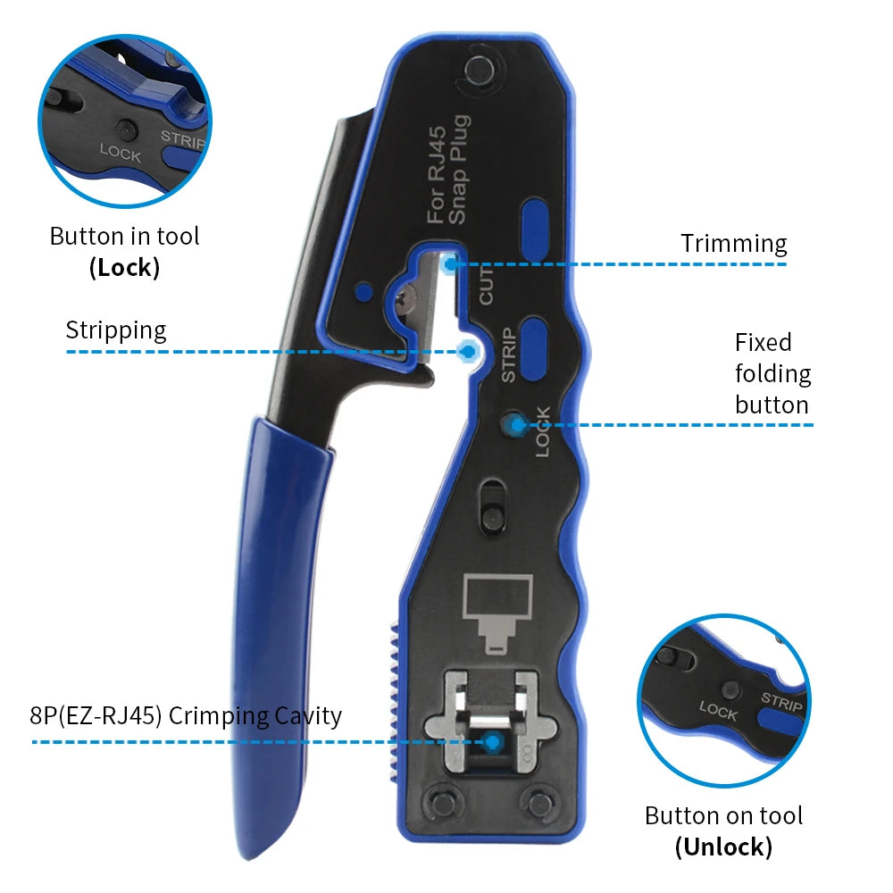 RJ45 Pass Through Crimper, Cat6 8P8C LAN Crimp Tool Kit with Wire Stripper, 10PCS Cat6 Connectors and Strain Relief Boots