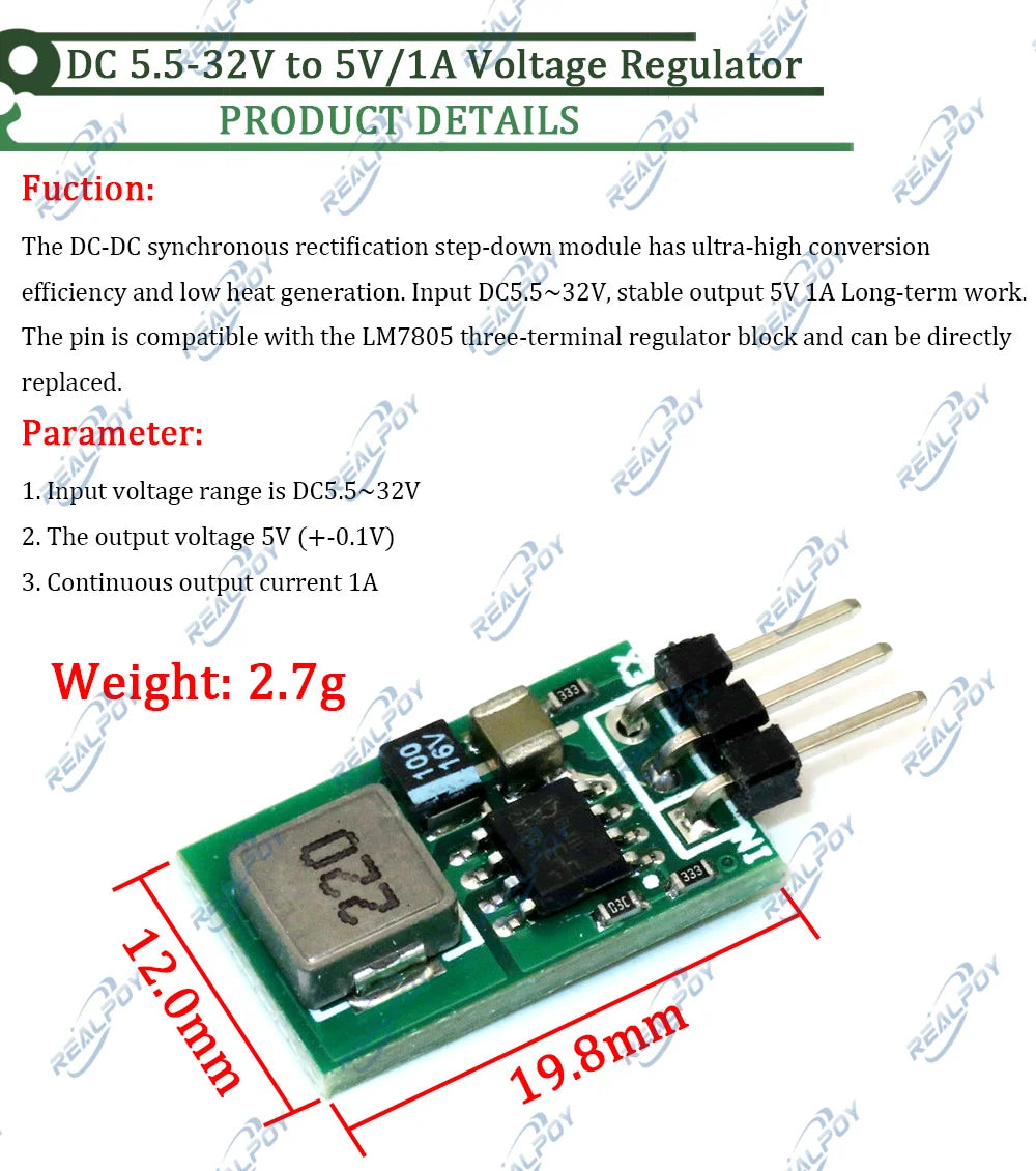 DC 5.5-32V to 5V/1A Voltage Regulator Replace TO-220 LM7805 5V Positive Voltage Regulators To 5V 1A Step-Down Buck Module