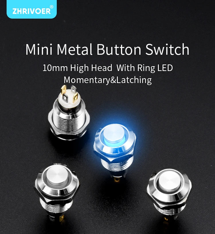 1pc 10mm Metal Push Button Switch with LED Indicator Self-reset Momentary Self-locking Latching 4pins High Head 3v5v12v24v220v