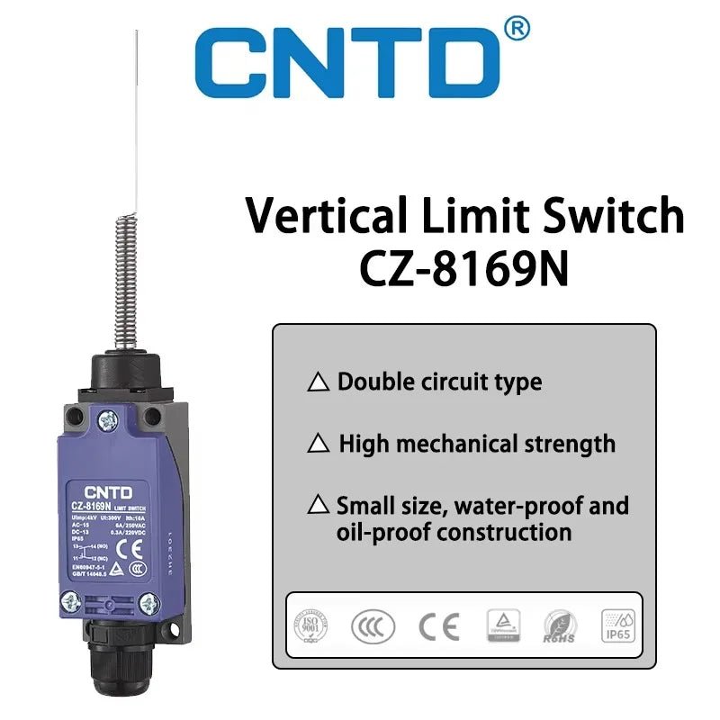 CNTD CZ-8169N Limit Switch NC/NO Type Waterproof IP65 Flexible Coil Spring Arm Vertical Safety Limit Switch 250Vac 10A/5A