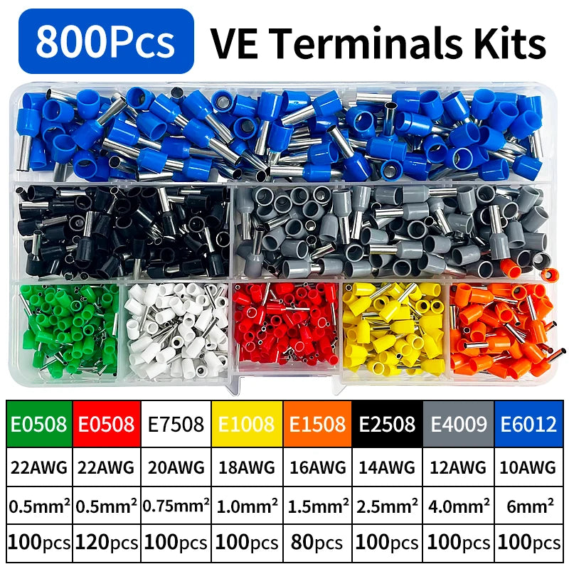 200-1900Pcs Electrical Tube Insulated Terminal VE Tubular Crimp Terminals Wire Cable Connector Ferrules Terminal Connectors