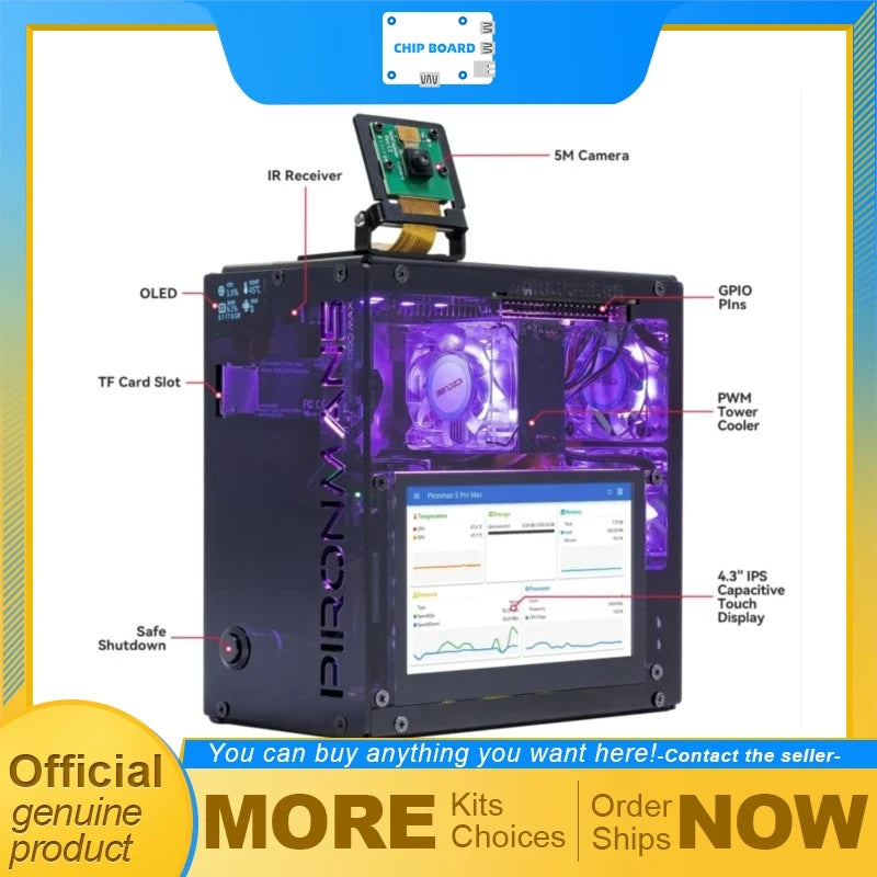 Pironman 5 Pro Max Case for Raspberry Pi 5 4.3" Touchscreen Enclosure with Camera Mount Speakers USB Mic