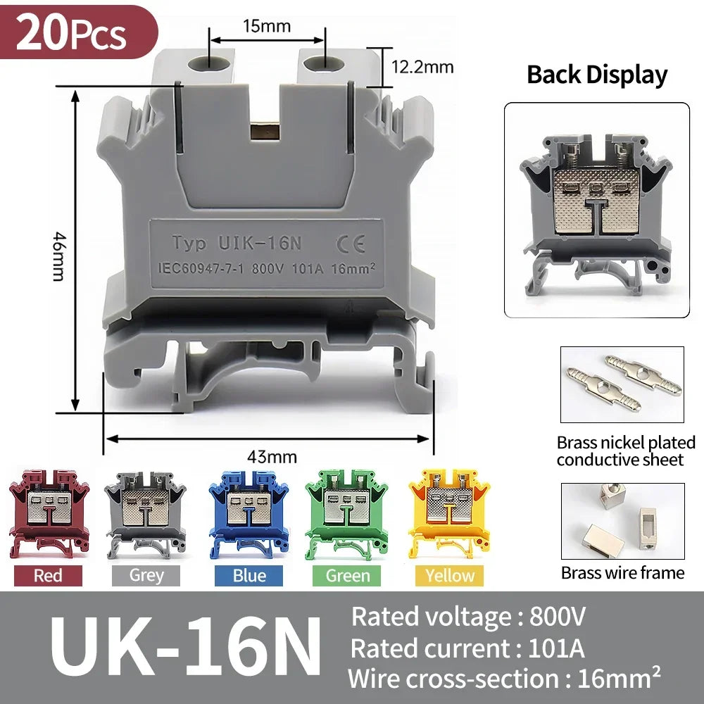 UK-2.5B DIN Rail Universal Brass Block Screw Clamp Wiring Voltage Terminal UK1.5N/3N/5N/6N/10N/16N/25N/35N/50N