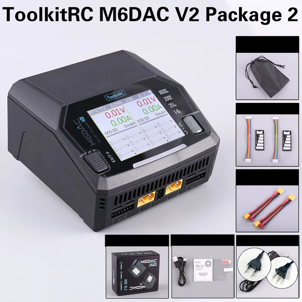 ToolkitRC M6DAC PRO V2 Dual Channel Smart Lipo Battery Charger Discharger AC 200W DC 800W 16A for 1-6S LiHV LiPo PD65W FPV Drone