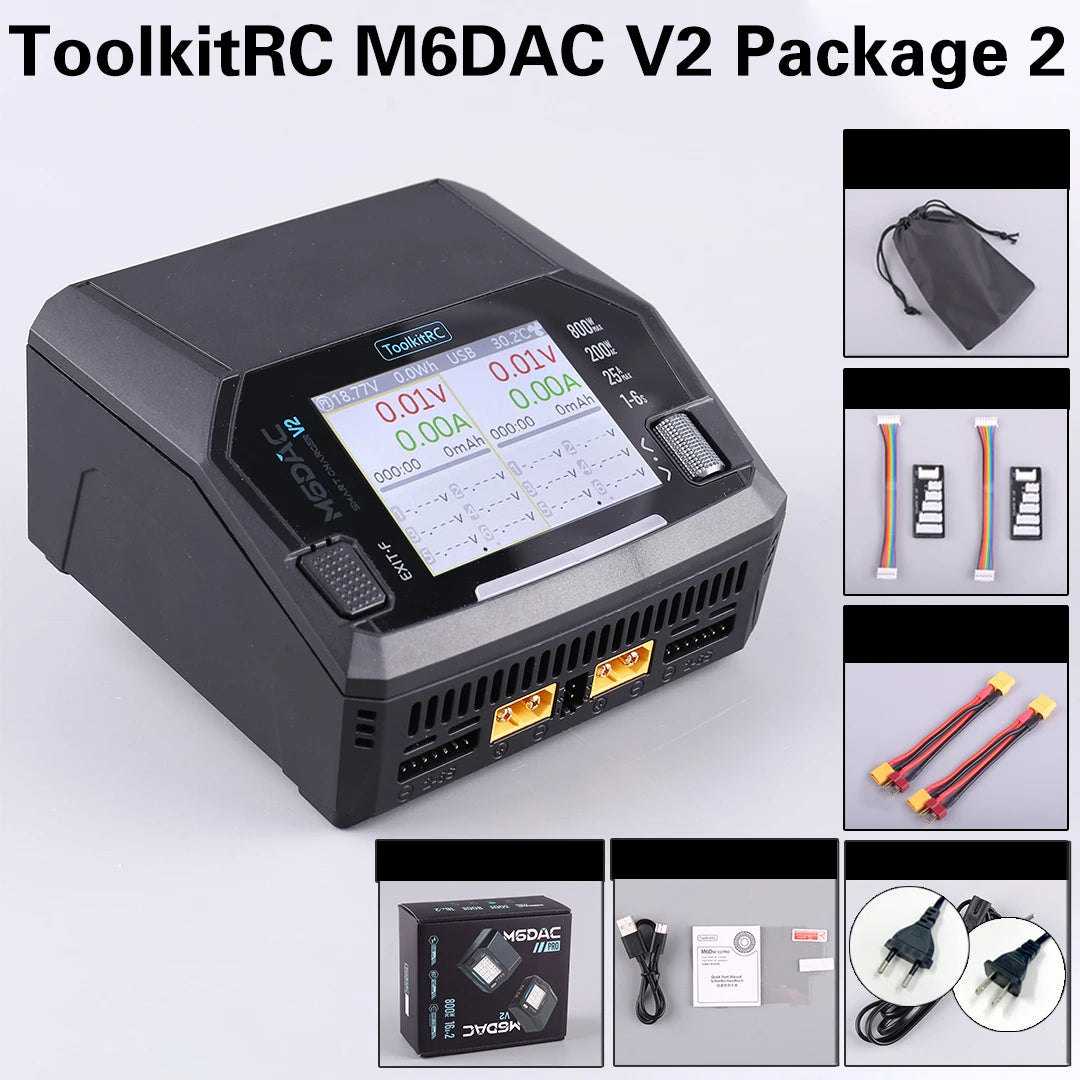 ToolkitRC M6DAC PRO V2 Dual Channel Smart Lipo Battery Charger Discharger AC 200W DC 800W 16A for 1-6S LiHV LiPo PD65W FPV Drone