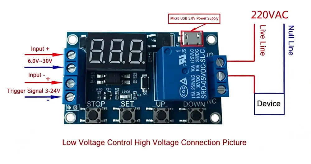 DC 6-30V Timer Relay Programmable Delay Relay Module Cycle Timer with LED Display 6V 9V 12V 24V Micro USB Smart Home Controller