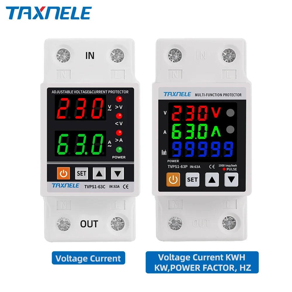 63A 230V Din Rail Adjustable Over Under Voltage Protective Device Protector Relay Over Current Protection Energy KWH Meter