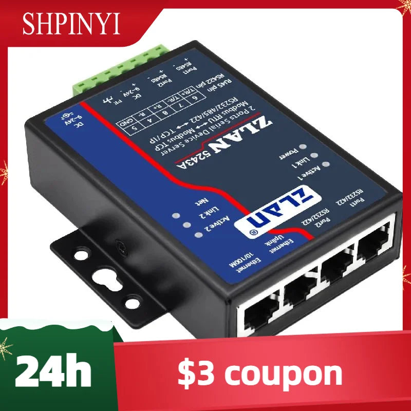 ZLAN 5243A 2 ports RS485 to Ethernet RJ45 TCP IP Modbus RTU Gateway multi master serial device rs232 to ethernet