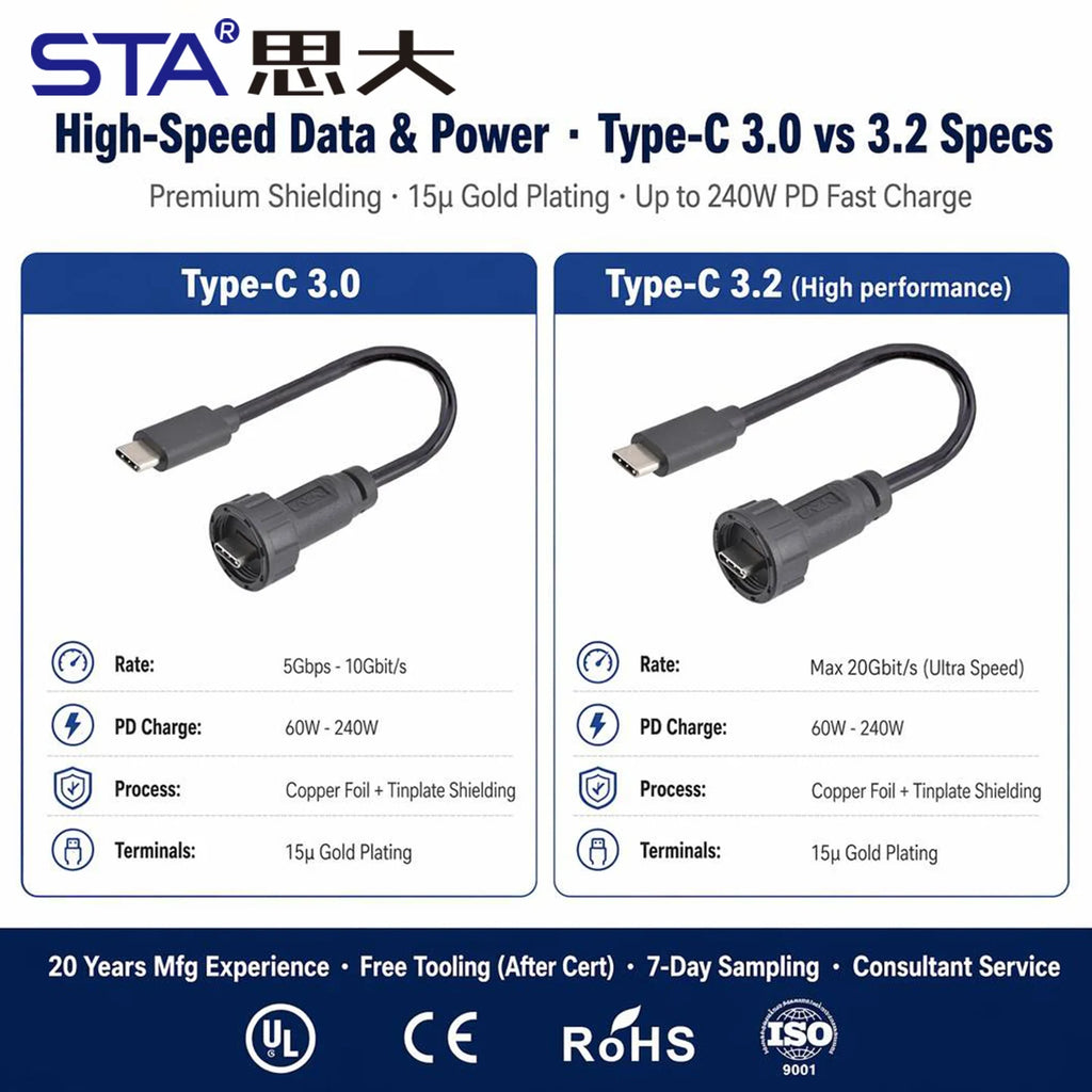 Type-C 3.0 IP67 Waterproof Connector Straight/Angled Male to Male/USB Adapter Molded Cable 0.5/1/2M Fast Charging 10Gbps PD 60W