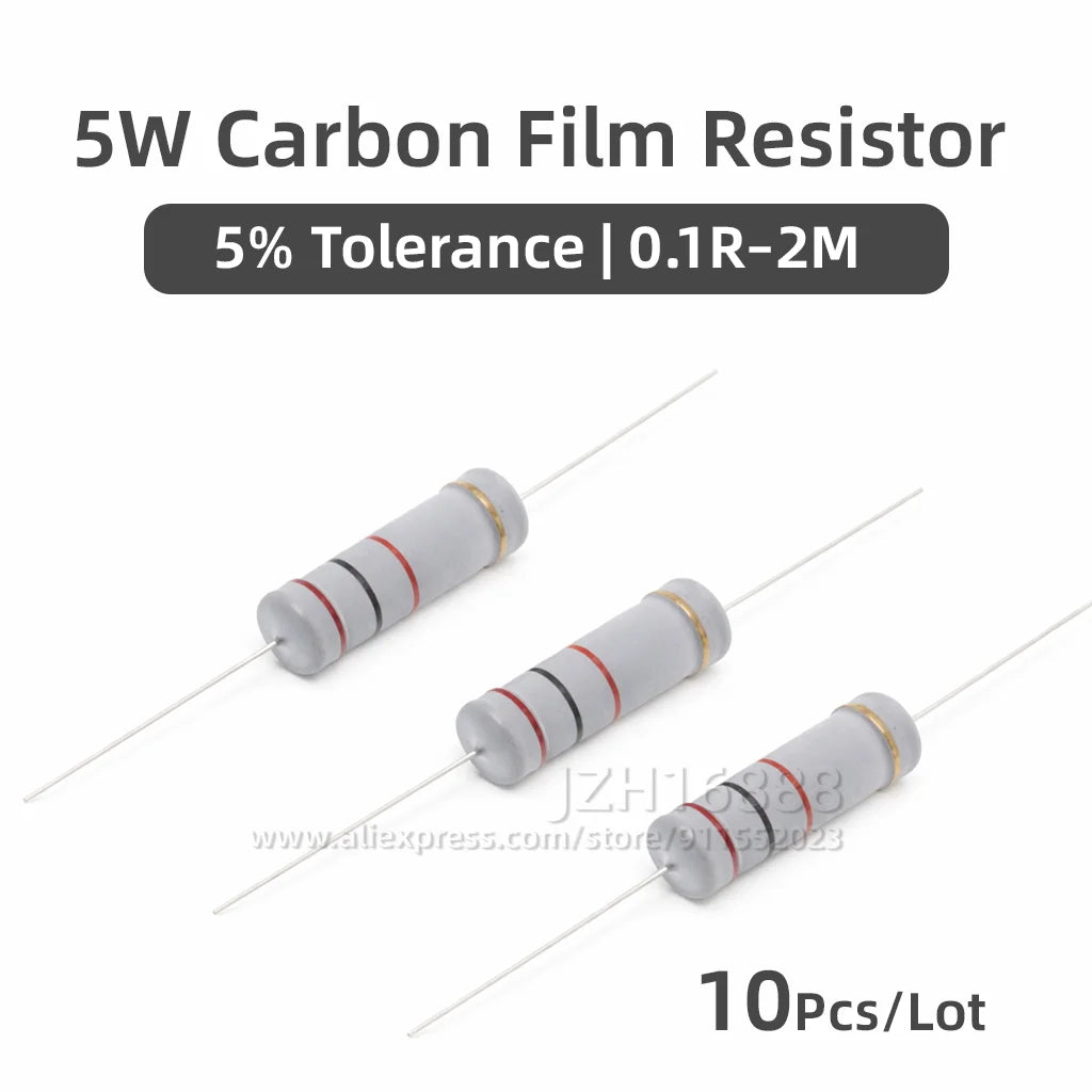 10PCS 5W Carbon Film Resistor 5% 30R 33R 36R 39R 43R 47R 51R 56R 62R 68R 75R 82R 91R 100R 110R 120R 130R 150R 160R 180R 200R Ohm
