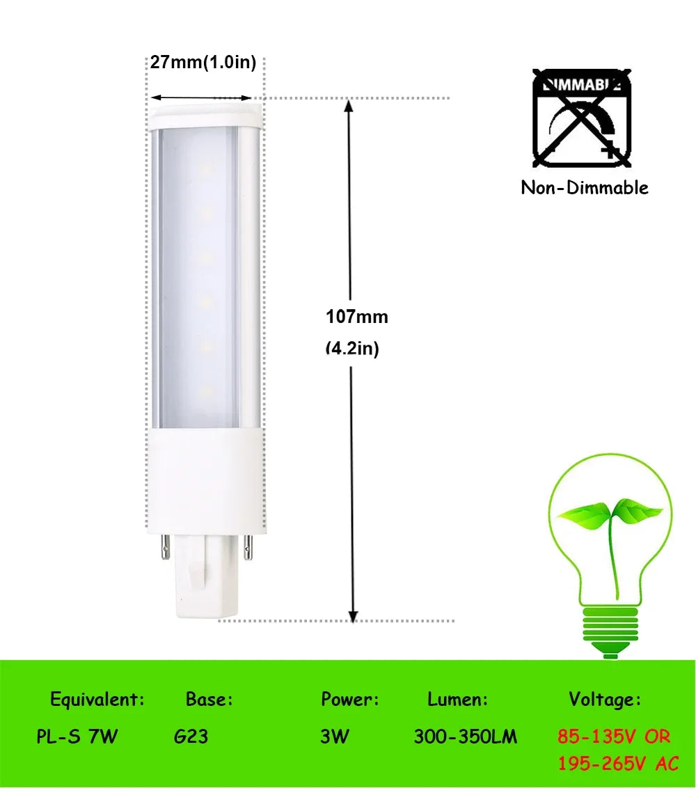 4pcs LED PL G23 GX23 3W4W5W7W Bulb Horizontal Side Plug Ceil CFL PL-S 7W 9W 13W Read Table Desk Lamp Replacement,Remove Ballast