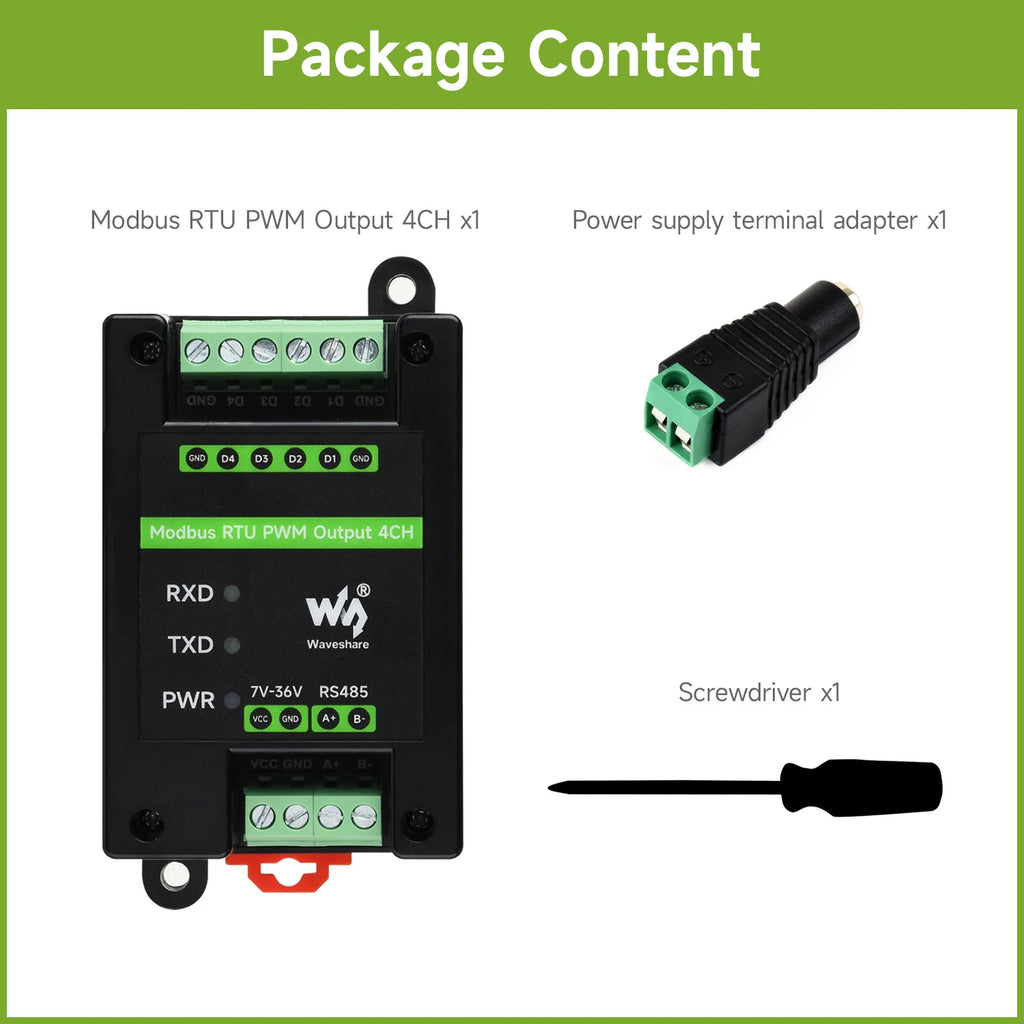 Waveshare Industrial 4-Ch PWM Output Module, Modbus RTU Protocol,RS485 Interface, Adjustable Frequency and Duty Cycle