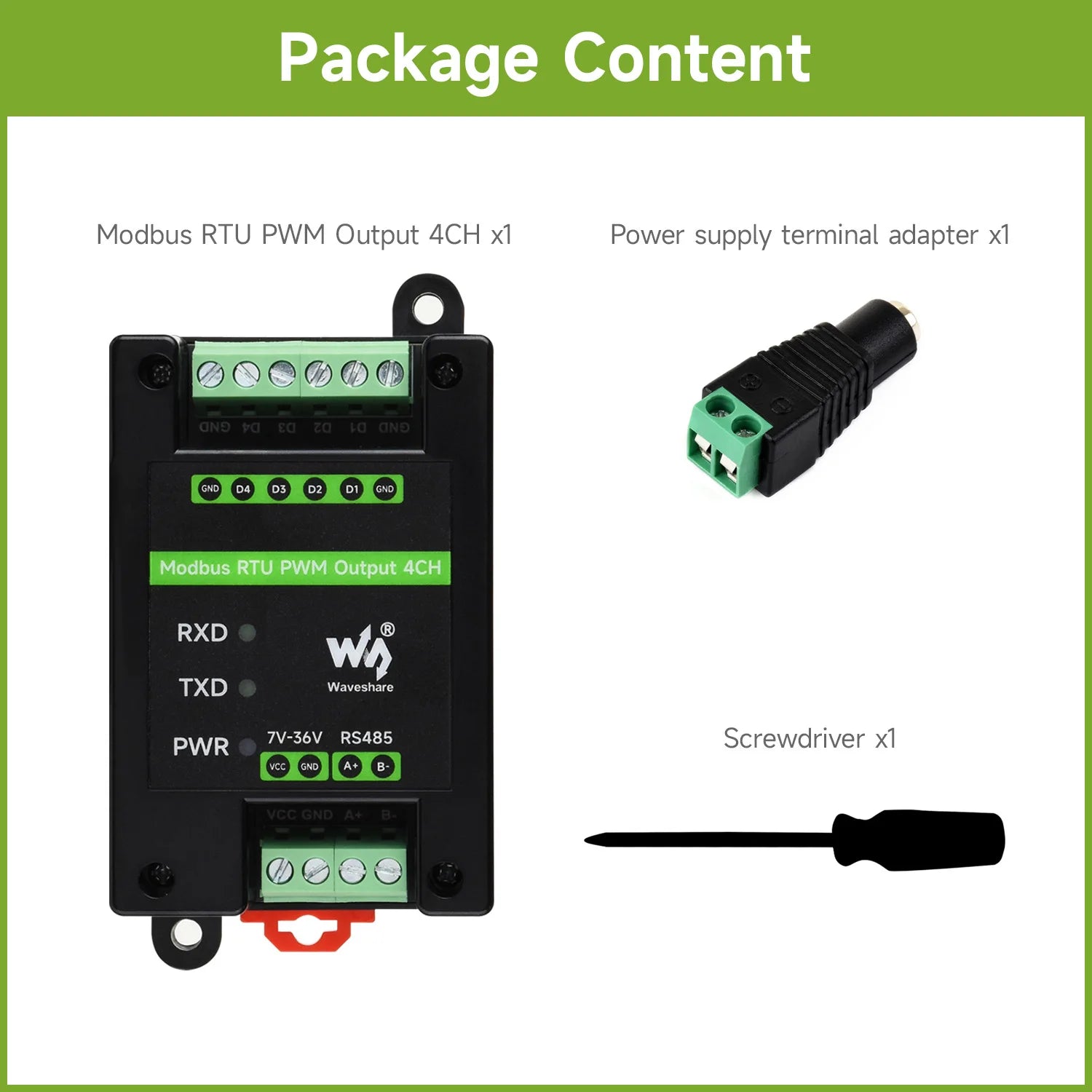Waveshare Industrial 4-Ch PWM Output Module, Modbus RTU Protocol,RS485 Interface, Adjustable Frequency and Duty Cycle