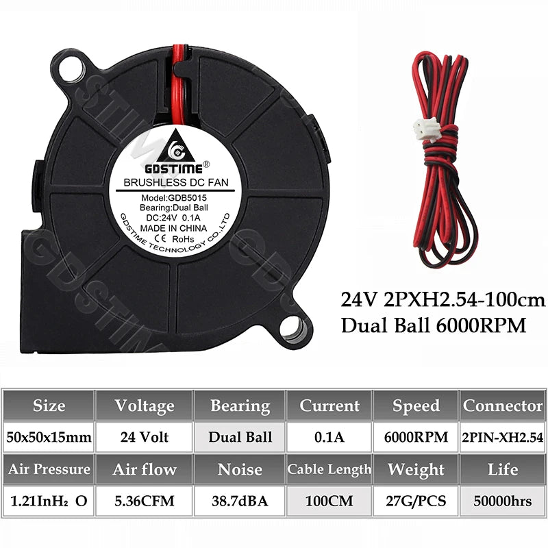 Gdstime 5015 Blower Fan 24V 12V 5V 50MMx15MM Turbine Radial Fan 5015 Dual Ball High Speed Cooler for 3D Printer Parts Cooling