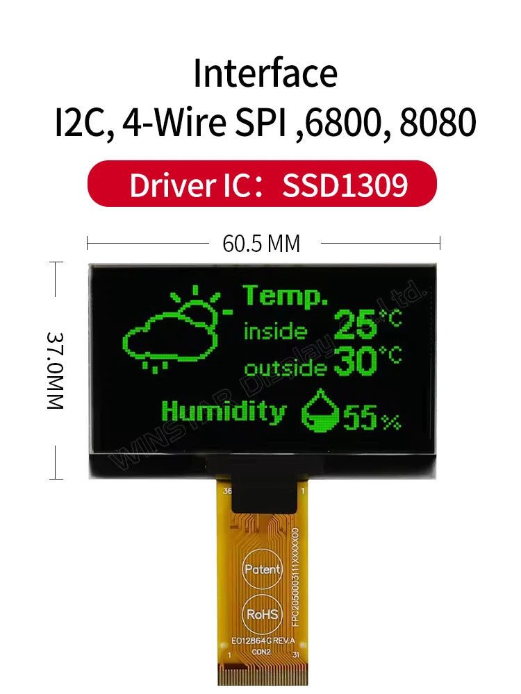 Winstar WEO012864G 31P COG Graphic SPI/I2C/6800/8080 SSD1309 3V 2.42 inch OLED Display 2.42" 128x64