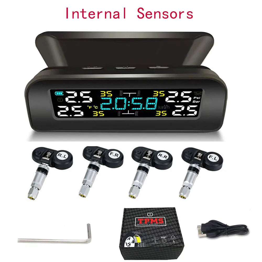 Solar Power TPMS Car Tire Pressure Monitoring System Alarm Tyre Air Pressure Meter Gauge Temperature Warning With 4 Sensors