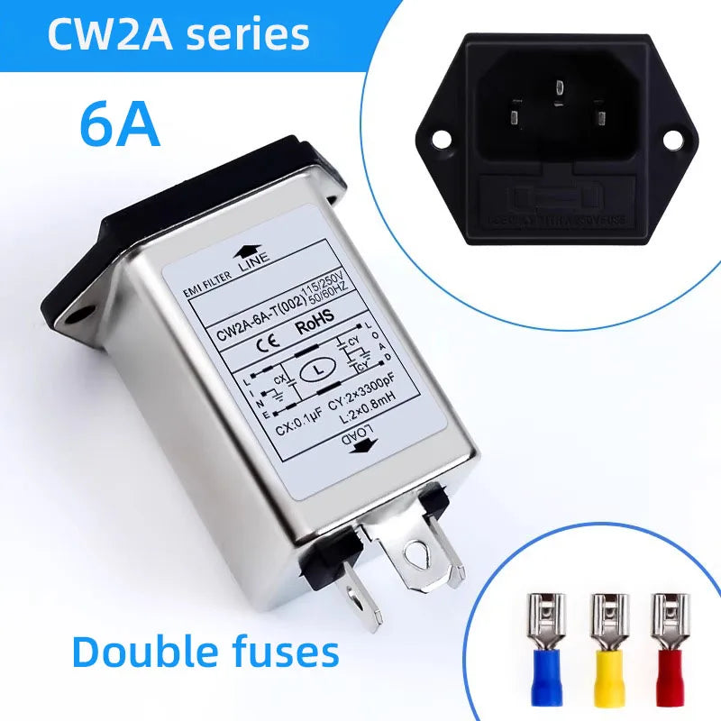 Single/Double Insurance EMI filter CW2A-3/6/10A-T EMI Socket Power Filter Audio Power Purifier Vehicle anti-interferenc