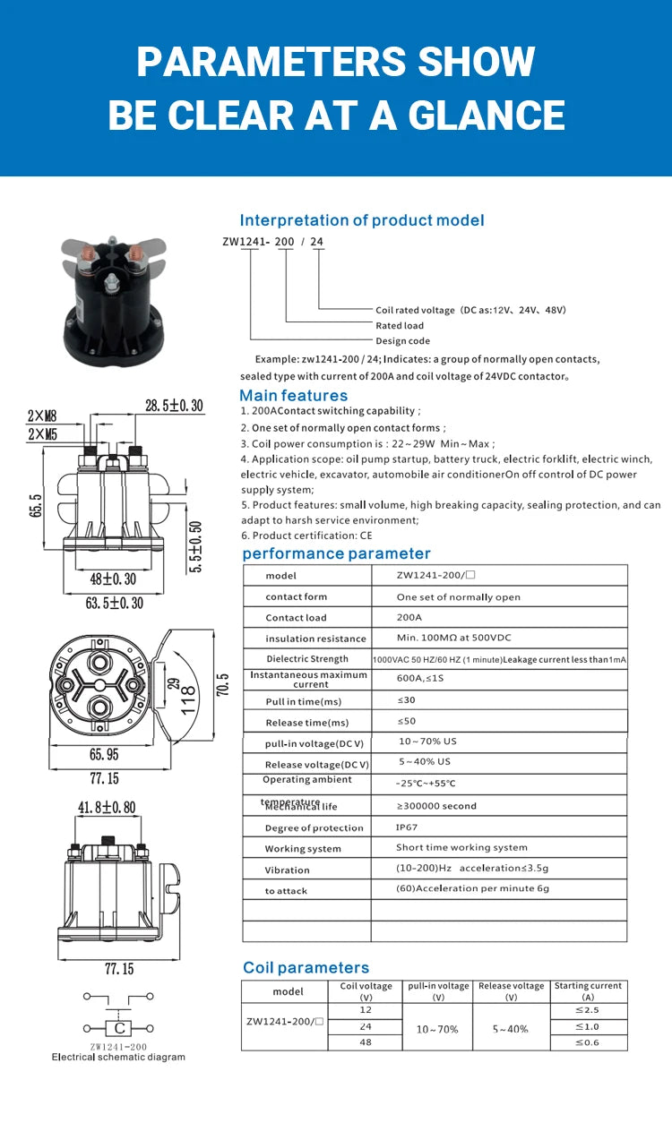 12V 24V 48V 200A Electric Stacker Forklift Tail Plate Switch Relay Plate Oil Pump Start DC Contactor T1241-200