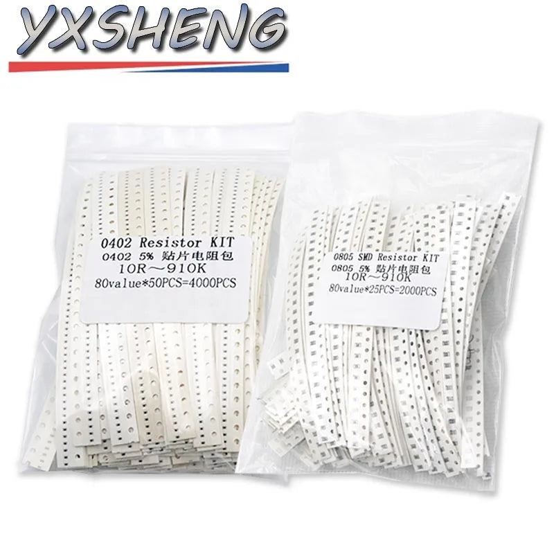 4000PCS 2000PCS SMD Resistor KITs 1% 5% 0402 0603 0805 1206 1210 10R 100R 220R 330 470R 10K 100K 80Values Resistance Sample Pack