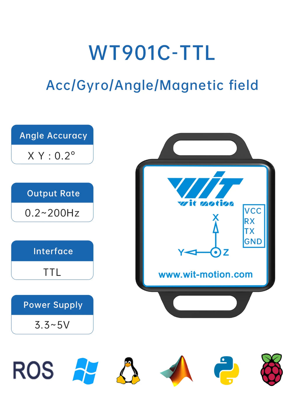 WitMotion WT901C 9-Axis Vibration Inclinometer MPU9250 High-Stability Acceleration+Gyro+Angle(XY 0.05° Accuracy)+Digital Compass