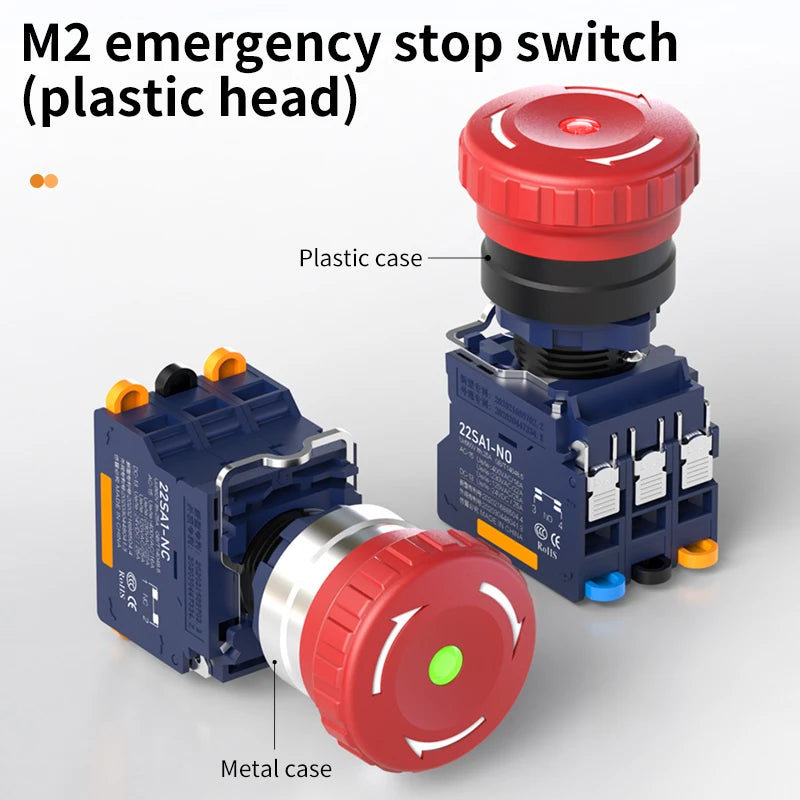 LANBOO 22MM SA1 Series Quick Plug with LED25A High Current Plastic Mushroom Button Emergency Stop Switch 1NO1NC 2NC